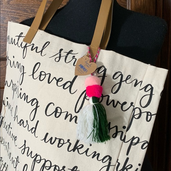 Canvas Pom-Pom Tote. NWNT. Approx. 18” across & 15” in length. - Picture 6 of 6